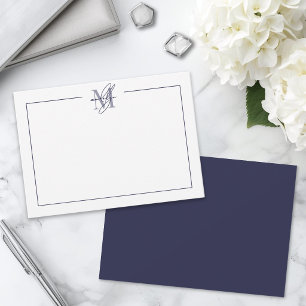 Navy Blue Script Minimalist Monogram Note Card