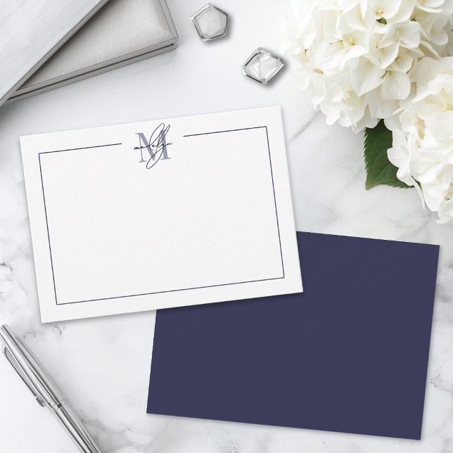 Navy Blue Script Minimalist Monogram Note Card (Navy Blue Simple Minimalist Name Monogram Note Card )