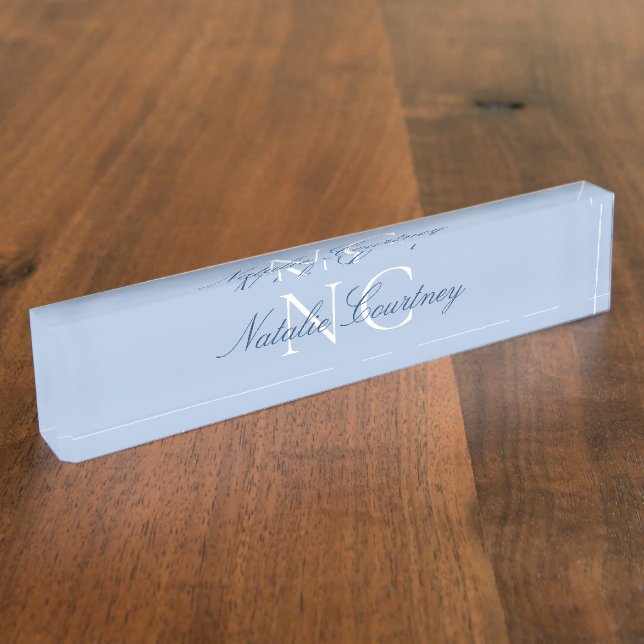 Navy Blue Script Minimalist Two Monogram Desk Name Plate (Side)