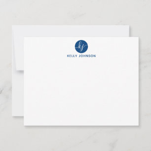 Navy Blue Script Monogram Circle Modern Girly Note Card