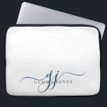 Navy Blue Script Monogram Initials Minimalist  Laptop Sleeve<br><div class="desc">A chic modern stylish navy blue script initials monogram on white,  with a dramatic script initial with swashes and your full name in a modern serif type.</div>