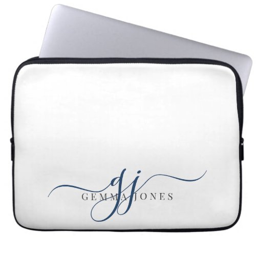 Navy Blue Script Monogram Initials Minimalist  Laptop Sleeve