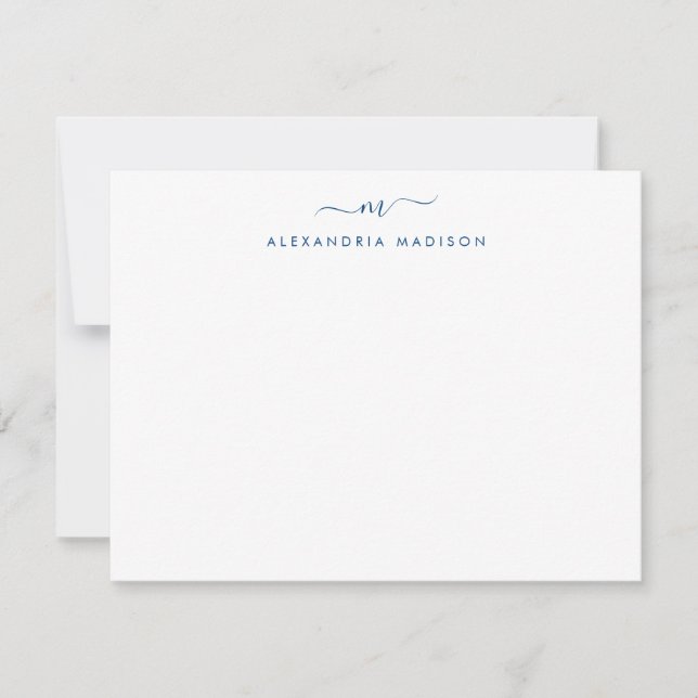 Navy Blue Script Monogram Modern Swash Stationery Note Card (Front)