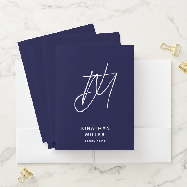 Navy Blue Script Monogram Pocket Folder (In Situ)