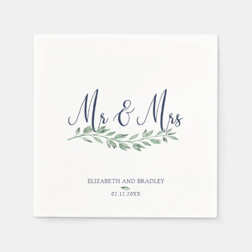 Navy Blue Script Mr and Mrs  Greenery Wedding Napkins