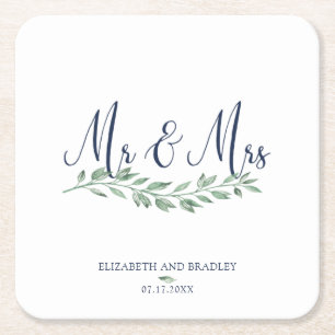 Navy Blue Script MR and MRS Greenery Wedding Square Paper Coaster