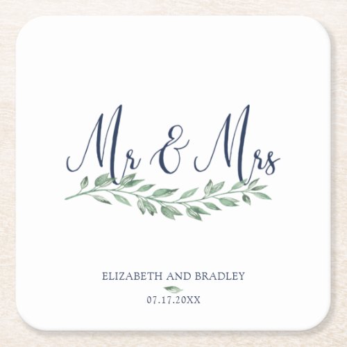 Navy Blue Script MR and MRS Greenery Wedding Square Paper Coaster