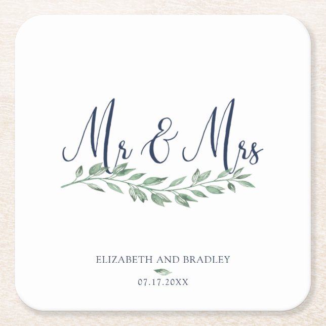 Navy Blue Script MR and MRS Greenery Wedding Square Paper Coaster (Front)