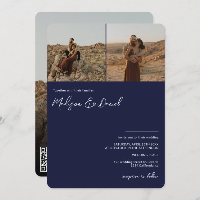 navy blue script names 3 photos  qr code wedding invitation (Front/Back)