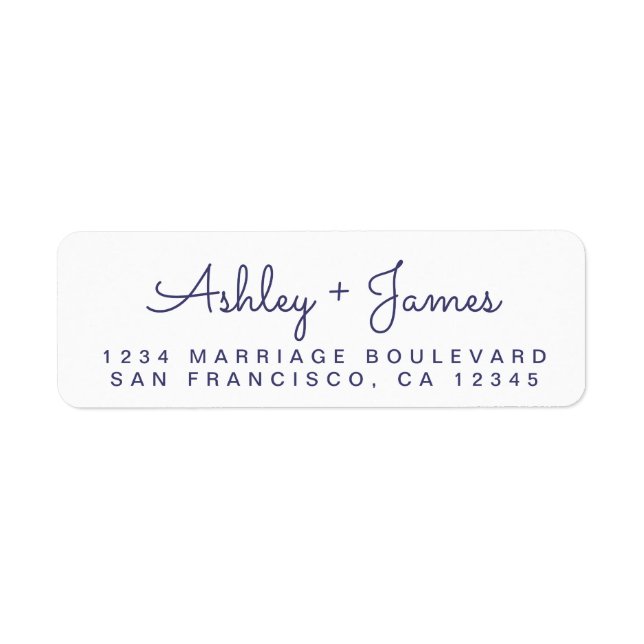 Navy Blue Script Names Wedding Return Address Label (Front)