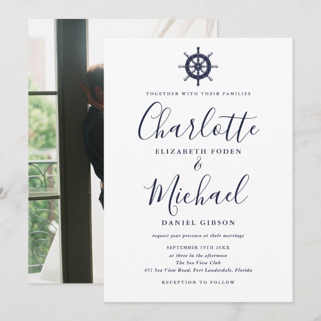 Navy Blue Script Nautical Ship Wheel Photo Wedding Invitation (Front/Back)