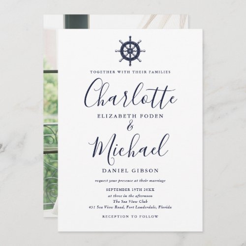 Navy Blue Script Nautical Ship Wheel Photo Wedding Invitation