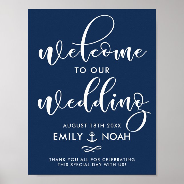 Navy Blue Script Nautical Wedding Welcome Sign (Front)