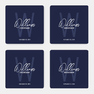 Navy Blue Script Personalized Groomsman's Name Coaster Set