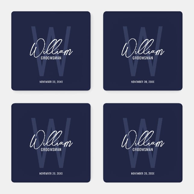 Navy Blue Script Personalized Groomsman's Name Coaster Set (Set)