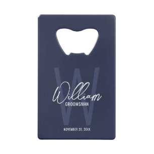 Navy Blue Script Personalized Groomsman's Name Credit Card Bottle Opener
