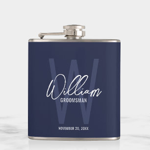 Navy Blue Script Personalized Groomsman's Name Flask