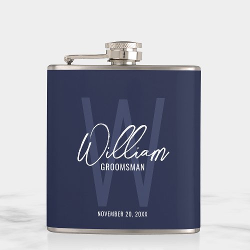 Navy Blue Script Personalized Groomsmans Name Flask