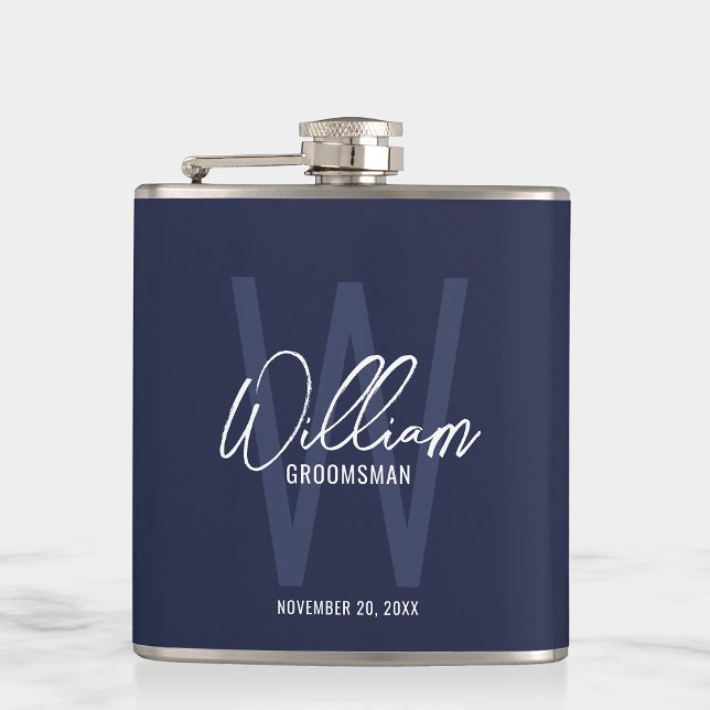Navy Blue Script Personalized Groomsman's Name Flask (Creator Uploaded)