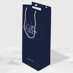 Navy Blue Script Personalized Groomsman's Name Wine Gift Bag