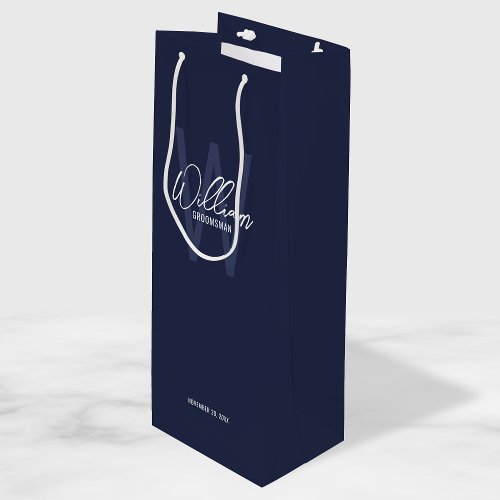 Navy Blue Script Personalized Groomsmans Name Wine Gift Bag