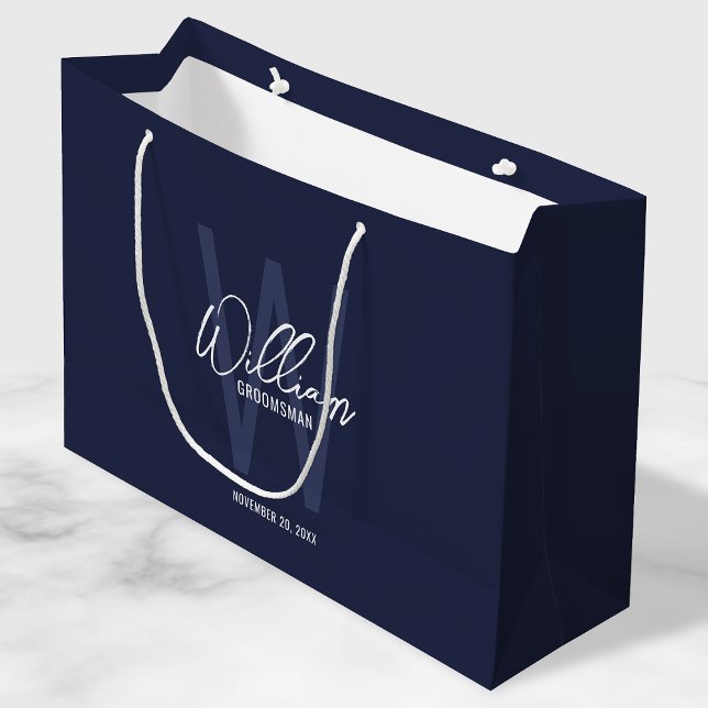 Navy Blue Script Personalized Groomsmen Large Gift Bag (Creator Uploaded)