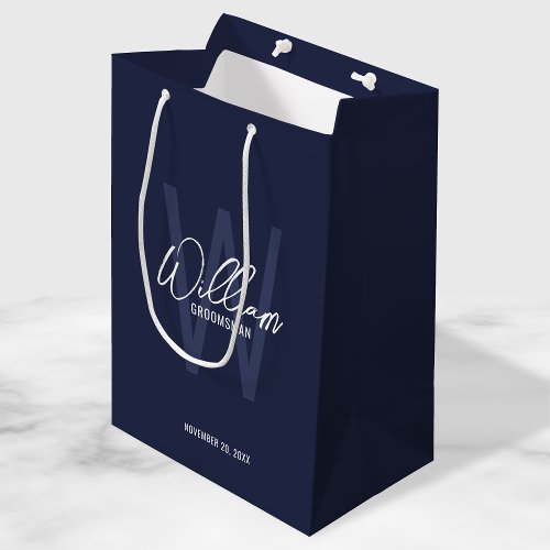 Navy Blue Script Personalized Groomsmen Medium Gift Bag