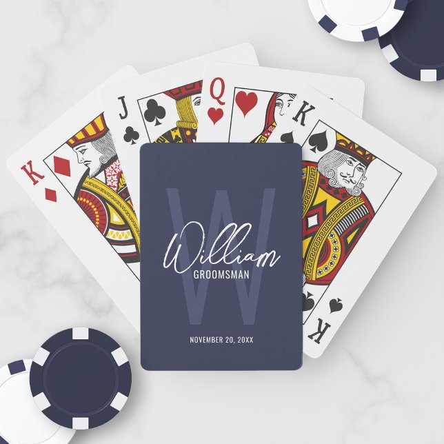 Navy Blue Script Personalized Groomsmen Poker Cards (Creator Uploaded)