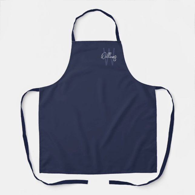 Navy Blue Script Personalized Monogram and Name Apron (Front)