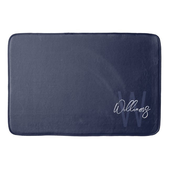 Navy Blue Script Personalized Monogram and Name Bath Mat (Front)