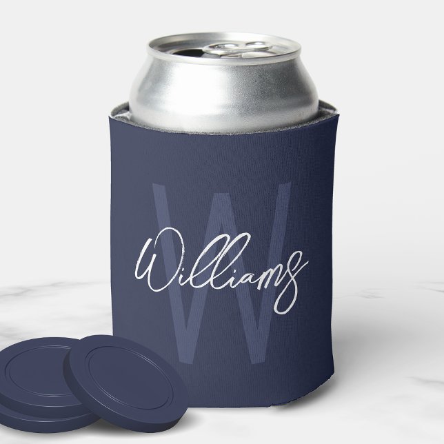 Navy Blue Script Personalized Monogram and Name Can Cooler (Creator Uploaded)