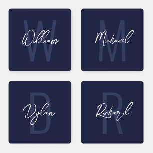 Navy Blue Script Personalized Monogram and Name Coaster Set