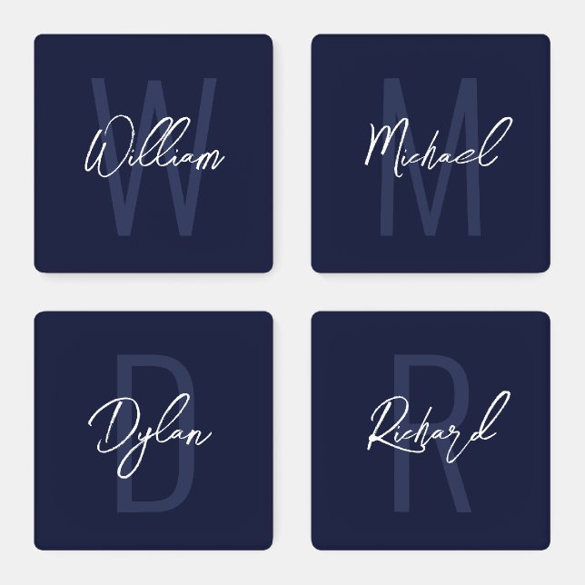 Navy Blue Script Personalized Monogram and Name Coaster Set (Set)