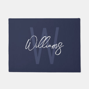 Navy Blue Script Personalized Monogram and Name Doormat
