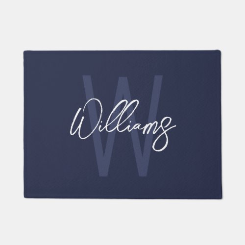 Navy Blue Script Personalized Monogram and Name Doormat