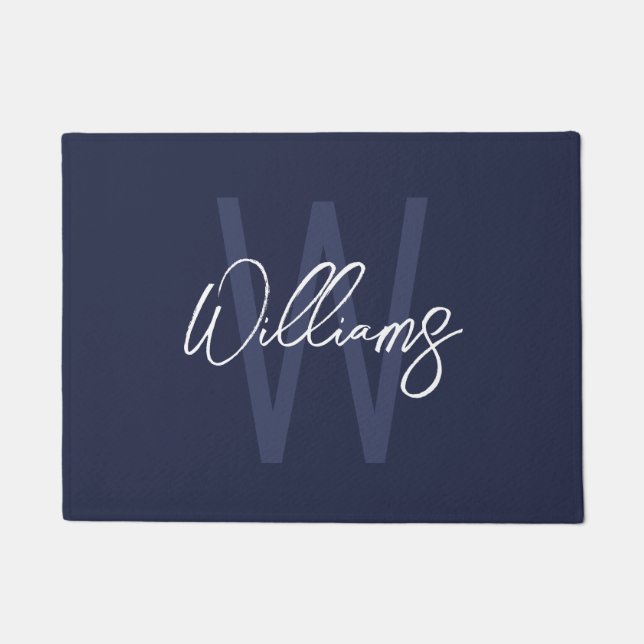Navy Blue Script Personalized Monogram and Name Doormat (Front)