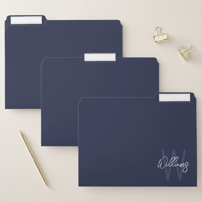 Navy Blue Script Personalized Monogram and Name File Folder (Set)