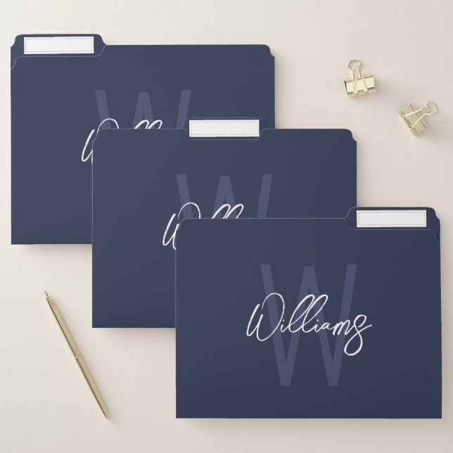 Navy Blue Script Personalized Monogram and Name File Folder (Set)