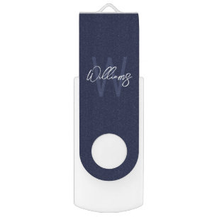 Navy Blue Script Personalized Monogram and Name Flash Drive