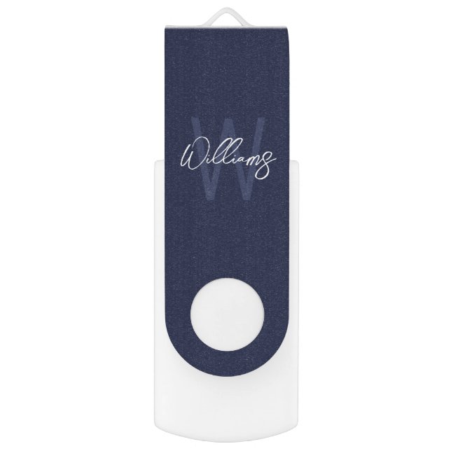 Navy Blue Script Personalized Monogram and Name Flash Drive (Front Vertical)