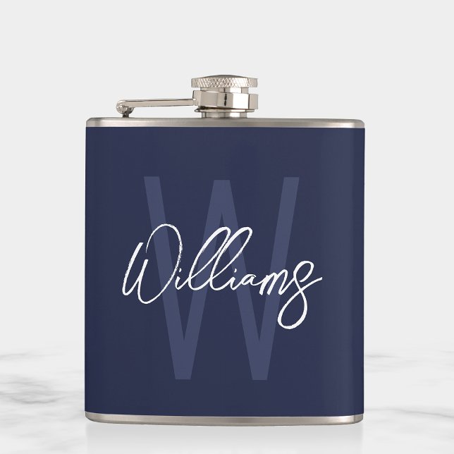 Navy Blue Script Personalized Monogram and Name Flask (Creator Uploaded)