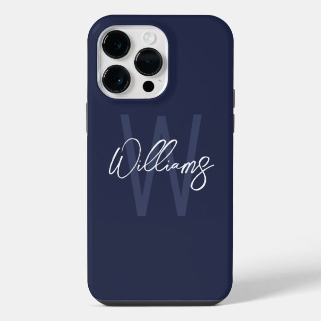Navy Blue Script Personalized Monogram and Name Iphone Case (Back)