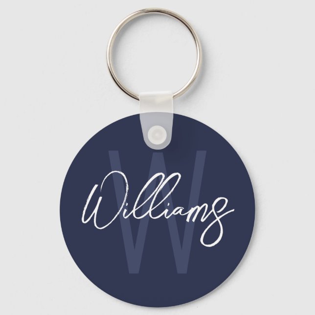 Navy Blue Script Personalized Monogram and Name Keychain (Front)