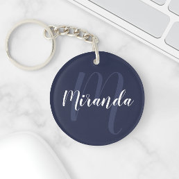 Navy Blue Script Personalized Monogram and Name Keychain