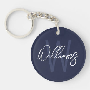 Navy Blue Script Personalized Monogram and Name Keychain