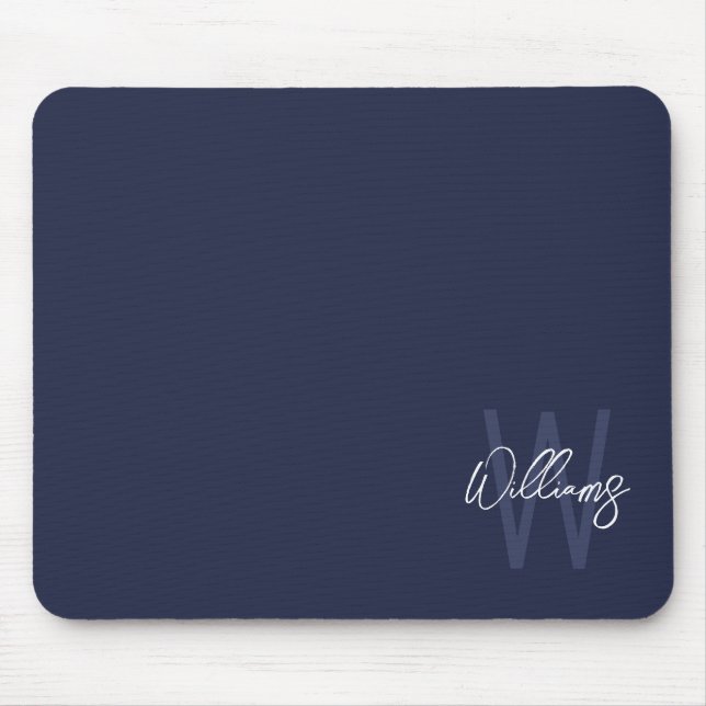 Navy Blue Script Personalized Monogram and Name Mouse Pad (Front)