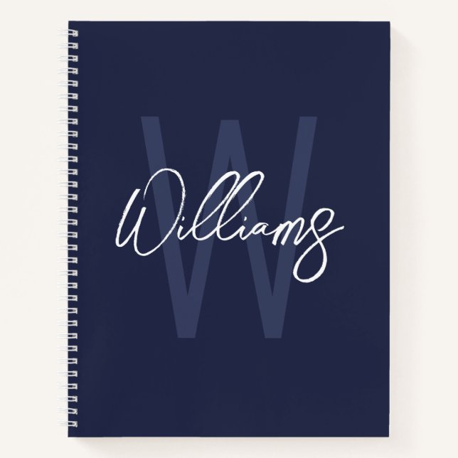 Navy Blue Script Personalized Monogram and Name Notebook (Front)