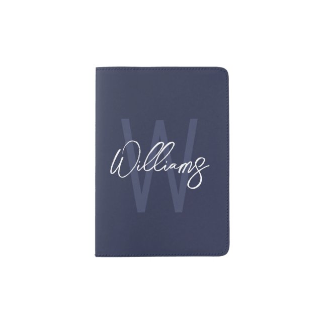 Navy Blue Script Personalized Monogram and Name Passport Holder (Front)