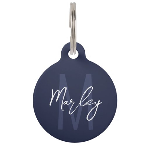 Navy Blue Script Personalized Monogram and Name Pe Pet ID Tag