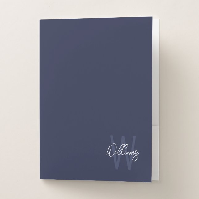 Navy Blue Script Personalized Monogram and Name Pocket Folder (Front)